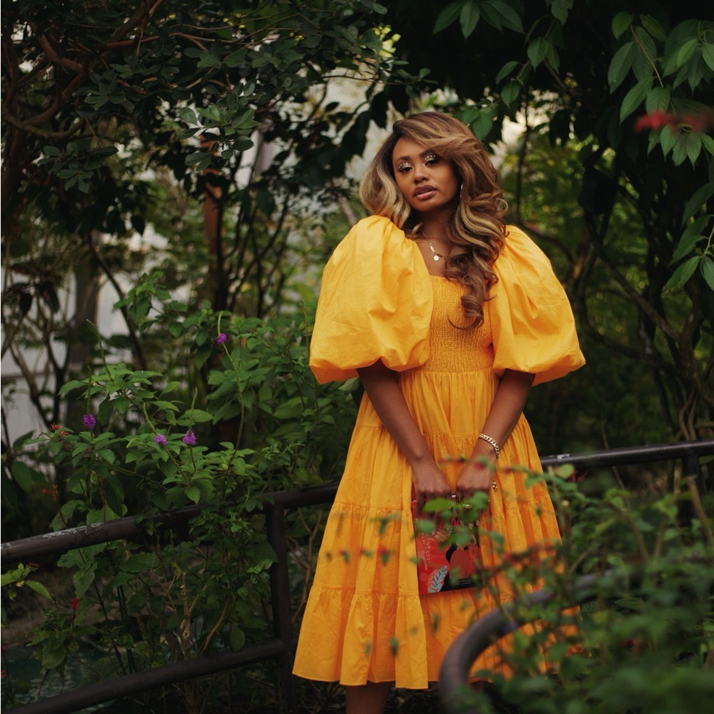 Aje Vibrant Orange Puff Sleeve Midi Dress